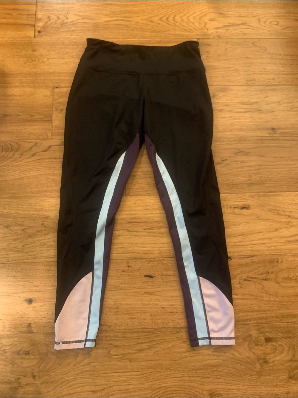 Womens Black Athletic Leggings with Purple and Light Blue Panels